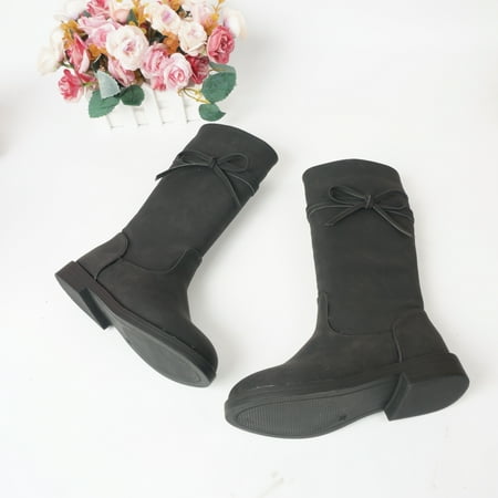 

Kids Girls Side Zip Leather Boots With Bow Design For Fall Winter New