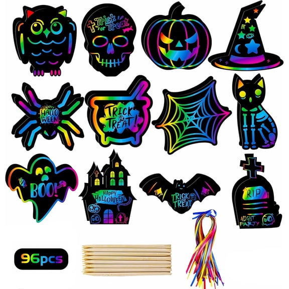 Scratch Paper Art, 96 Pcs Magic Rainbow Scratch Paper Off Cards Set for Halloween Crafts, Arts Supplies, Ornaments, Party Games, Birthday Gift