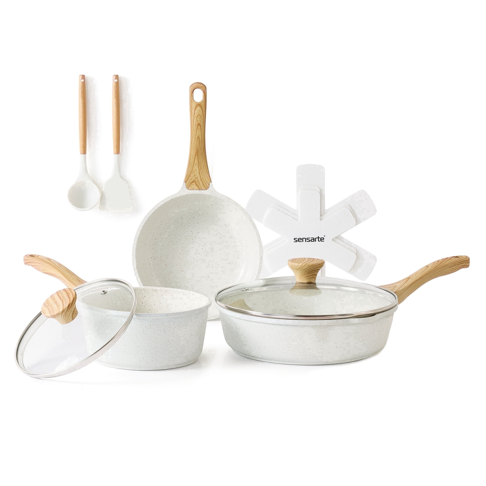 SENSARTE Ceramic Nonstick Pots and Pans Set, 10Pcs Healthy Non Stick Cookware Set with Pots Protectors, Induction Kitchen Cookware Sets, Dishwasher Safe White