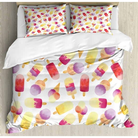Ice Cream Duvet Cover Set, Watercolor Style Ice Cream with Cones in Pastel Toned Paintbrush Art, Decorative 2 Piece Bedding Set with 1 Pillow Shams, Twin Size, Multicolor, by Ambesonne