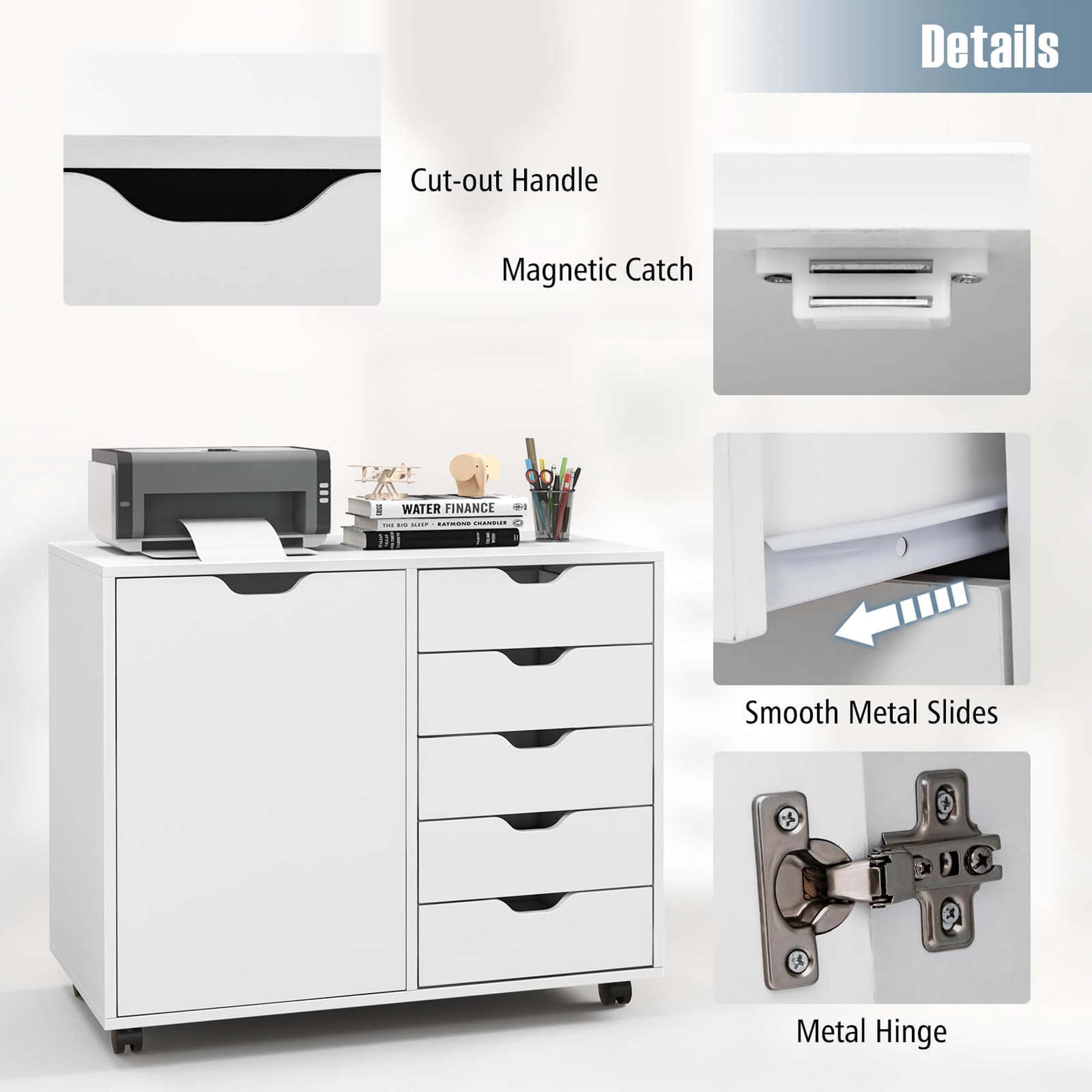 Costway 5-Drawer Chest Rolling Storage Dresser Lateral File Cabinet with Adjustable Shelf