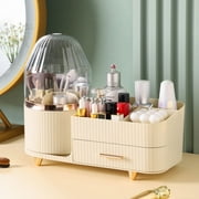 AOWOO Rotating Makeup Brush Holder organizer with Drawer, Makeup Organizers Countertop, Large Makeup organization Skincare Storage for Vanity, Desktop, Bathroom(Cream White)