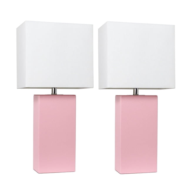 Pair of modern table lamps featuring pink leather rectangular bases and white fabric shades.