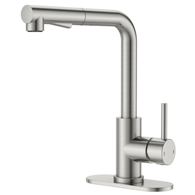 APPASO Brushed Nickel Bar Sink Faucet, Stainless Steel, Pull Out Sprayer, Modern Single Handle, Mini Prep Faucet for RV Outdoor, Deck Plate Included