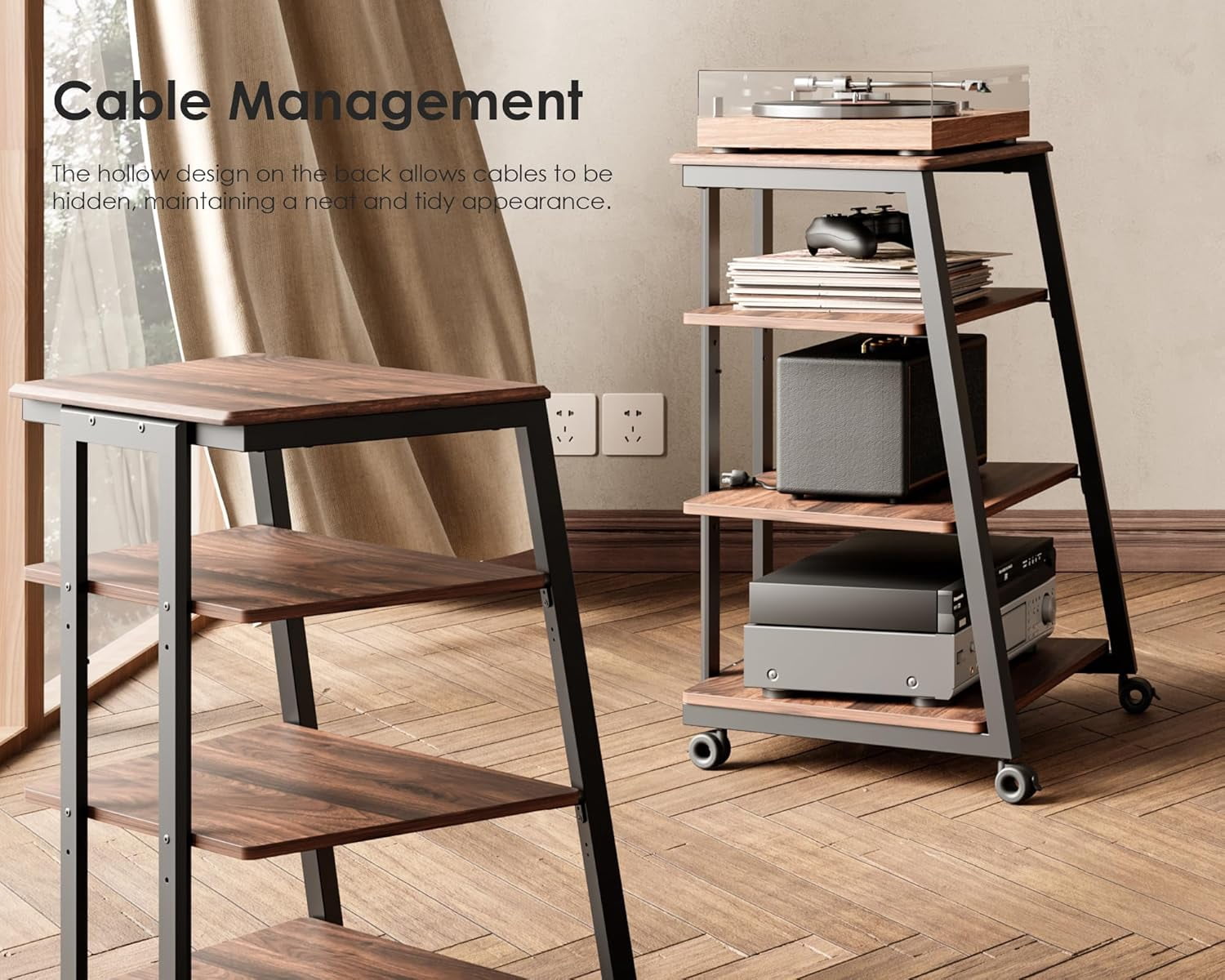 FITUEYES 4-Tier Media Stand with LED Backlight, Adjustable Shelves, White Oak