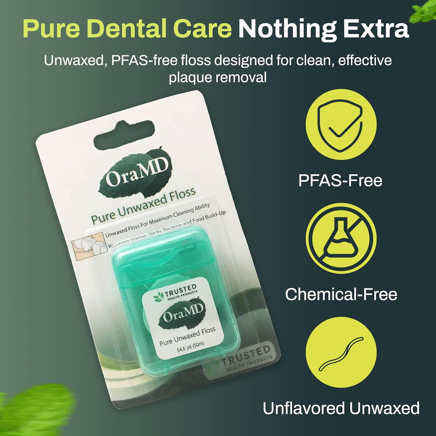 Oral Care Pure Unwaxed Dental Floss 54.6 Yards - PFAS-Free, Chemical Free, Shred Resistant - Unscented and Ultraclean Plaque Removal - Teeth and Protection for Adults - Pack of 6