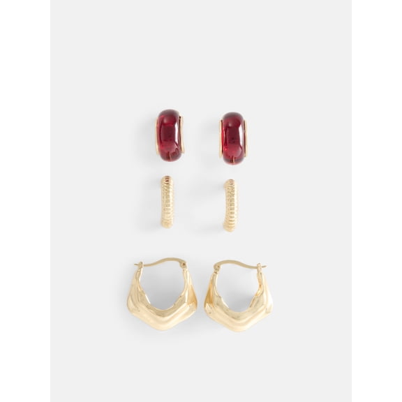 Scenario Women's Gold-Tone Ribbed Berry Textured Hoops Earring Set, 3-Piece