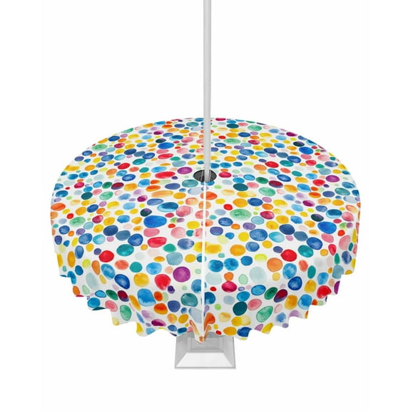 Lsrtoss Outdoor Tablecloth with Umbrella Hole & Zipper, Colorful Polka Dot Round Tablecloth 60 Inch, Rainbow Polka Dots Watercolor Patio Table Cover Waterproof Table Cloth for Picnic/Party