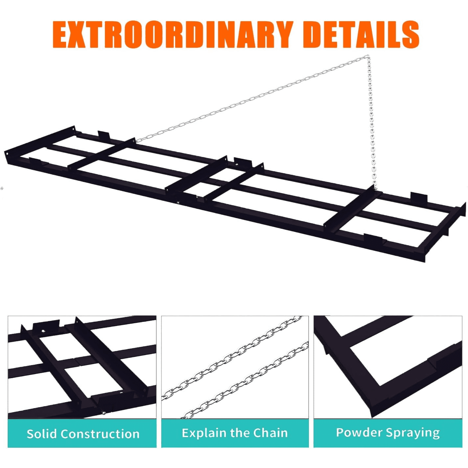 4/6/8Ft Drag Harrow Driveway Grader Heavy Duty Power Rake with Chain Tow Behind Lawn Rake for ATV UTV Tractor Mower Land Leveler for Gravel Sand Soil Hay