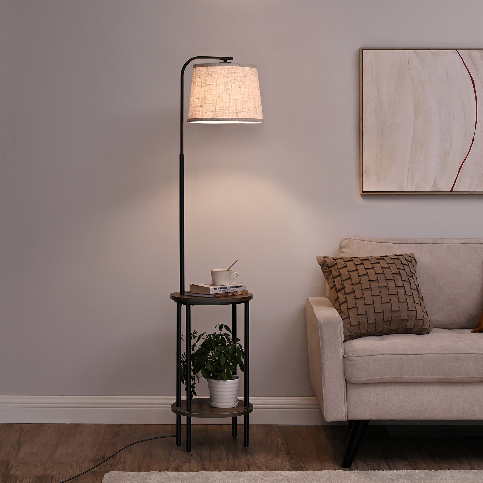 DEWENWILS Floor Lamp with Table for Living Room, 62in Rustic Farmhouse Wooden Floor Lamps, Attached End Table with Lamp for Bedroom, Office, Read Lighting, Home Decor, Brown