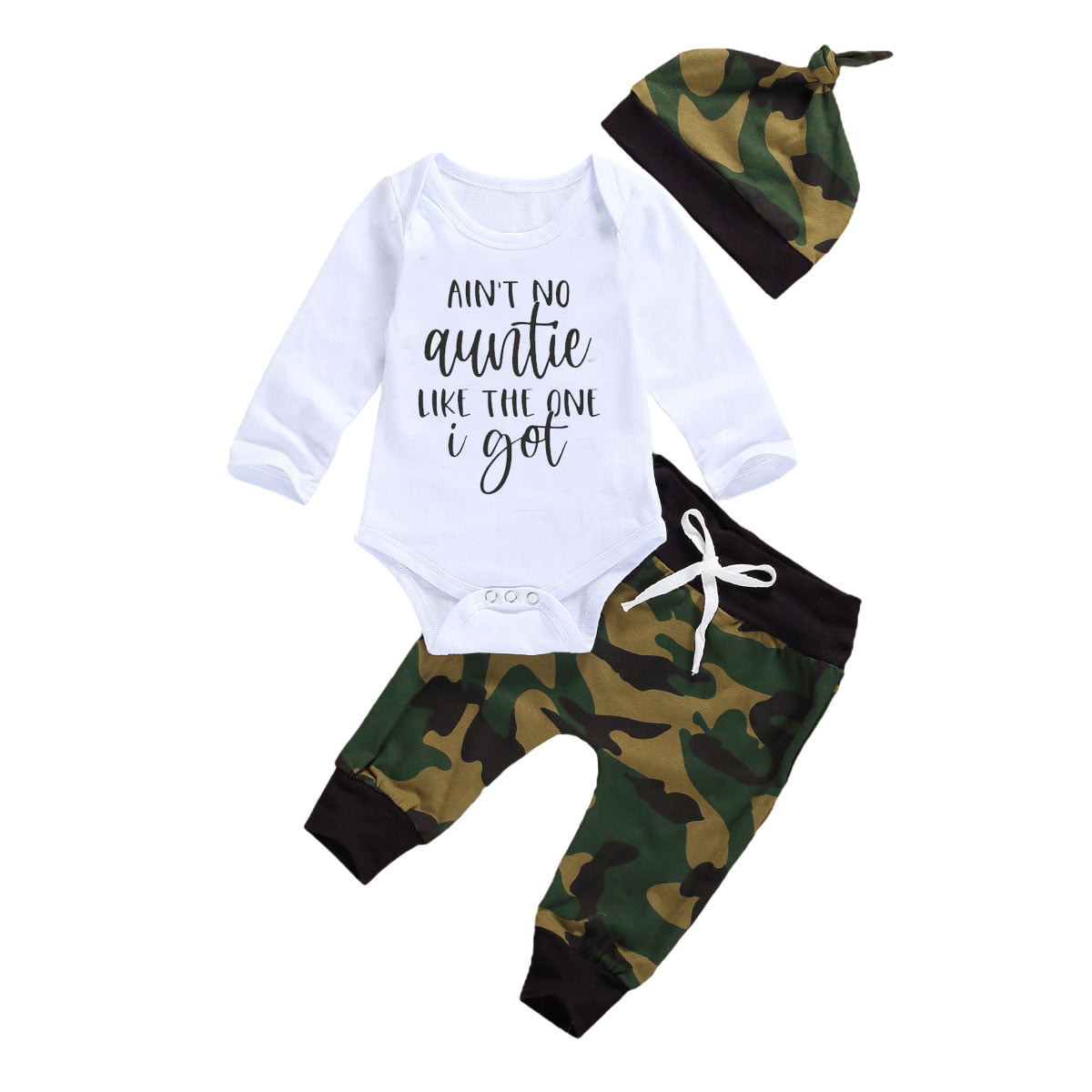 Newborn Baby Boy Clothes Outfit New to The Crew Letter Print Romper Camouflage Pants Hat 3PCS Set 