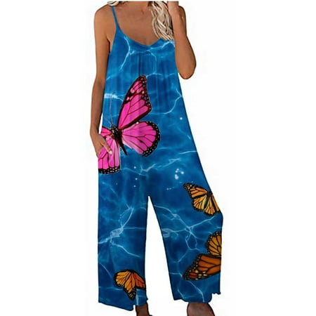 

JWZUY Women s V Neck Spaghetti Strap Keyhole Butterfly Print Jumpsuit Overalls with Pockets Blue M