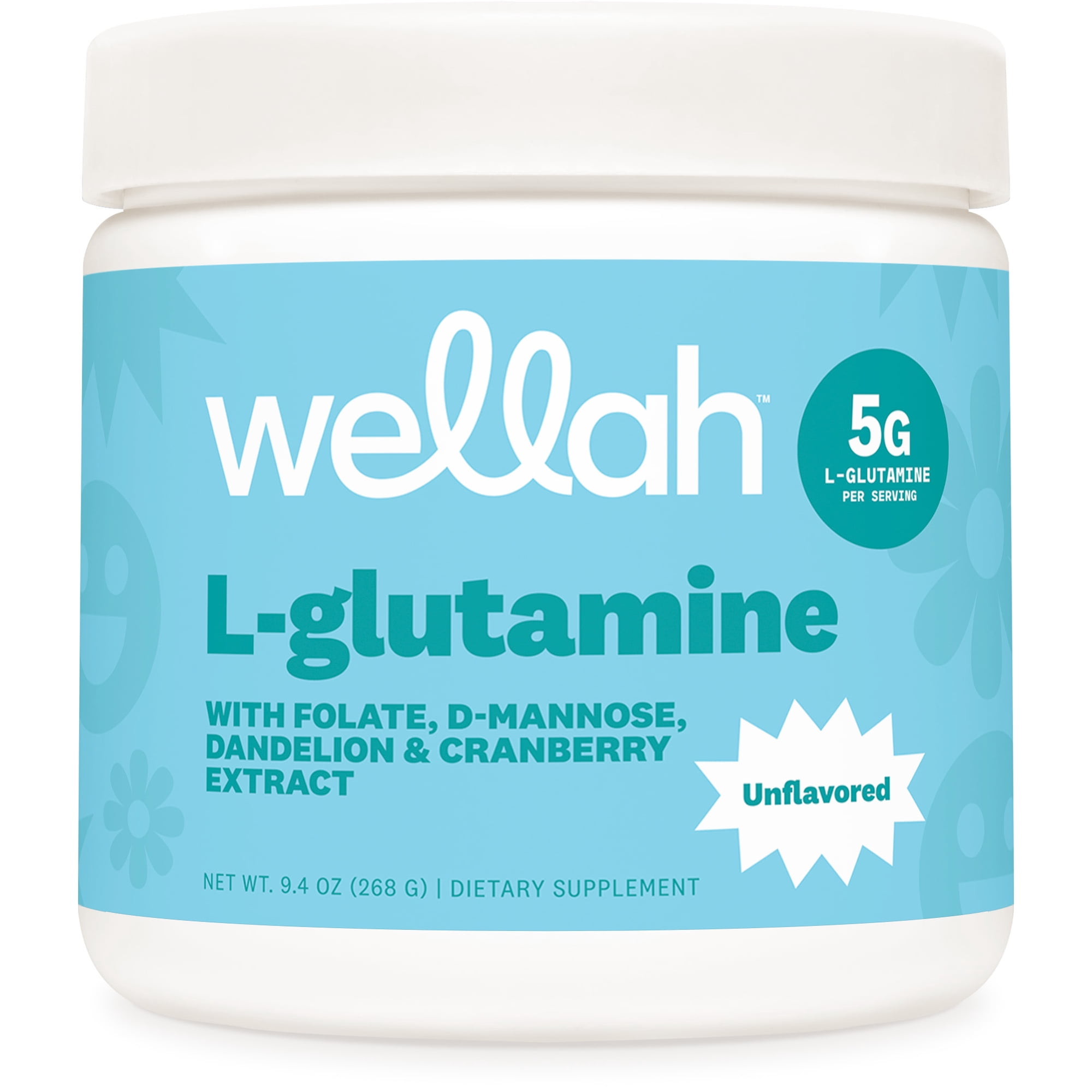 Wellah L-Glutamine Unflavored Powder (50 Servings) - 5g L-Glutamine Per Serving, Sweetened with Stevia