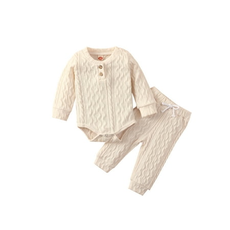 

Infant Baby Girl Boy Warm Outfits Solid Ribbed Knit Button Romper Top Elastic Waist Pants Fall Winter Clothes Set