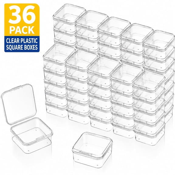 36 Pack Small Clear Plastic Square Storage Boxes, 2.1 x 2.1 x 0.8 Inch, Mini Transparent Bead Organizer Containers with Hinged Lids for Jewelry, Craft Supplies