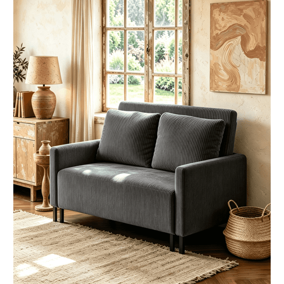 WELZONA Gray Corduroy Convertible Sleeper Sofa Bed Loveseat Couch, Small Sofa, Space Saving Furniture
