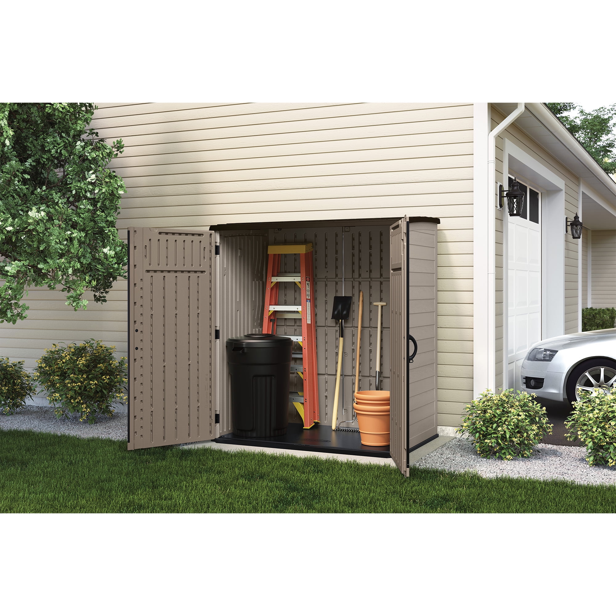Suncast Extra-Large Vertical Storage Shed, All-Weather Outdoor Backyard Unit, Sand