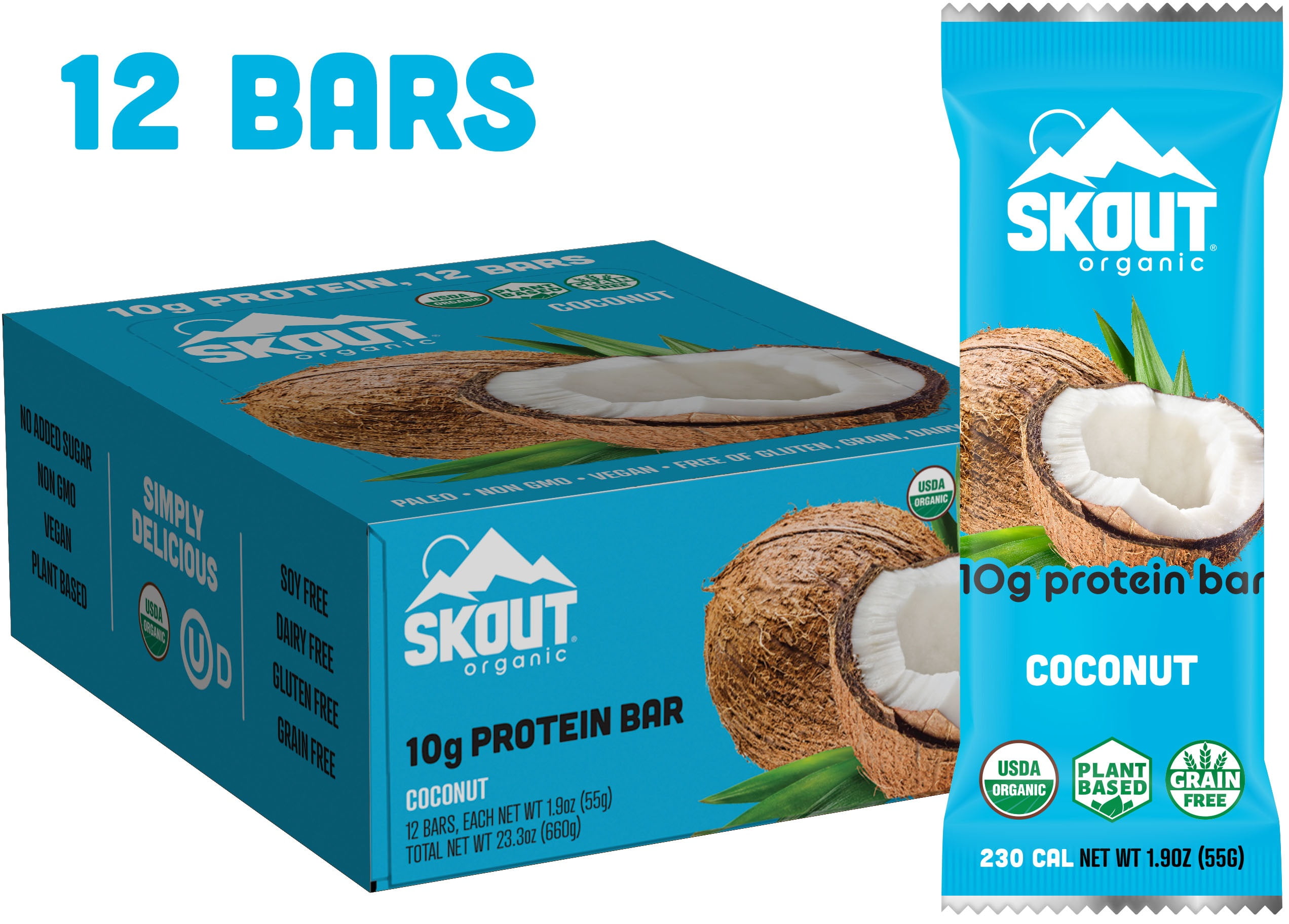 Skout Organic Protein Bars, Coconut, 12 bars, 10g Protein, 1.9oz each