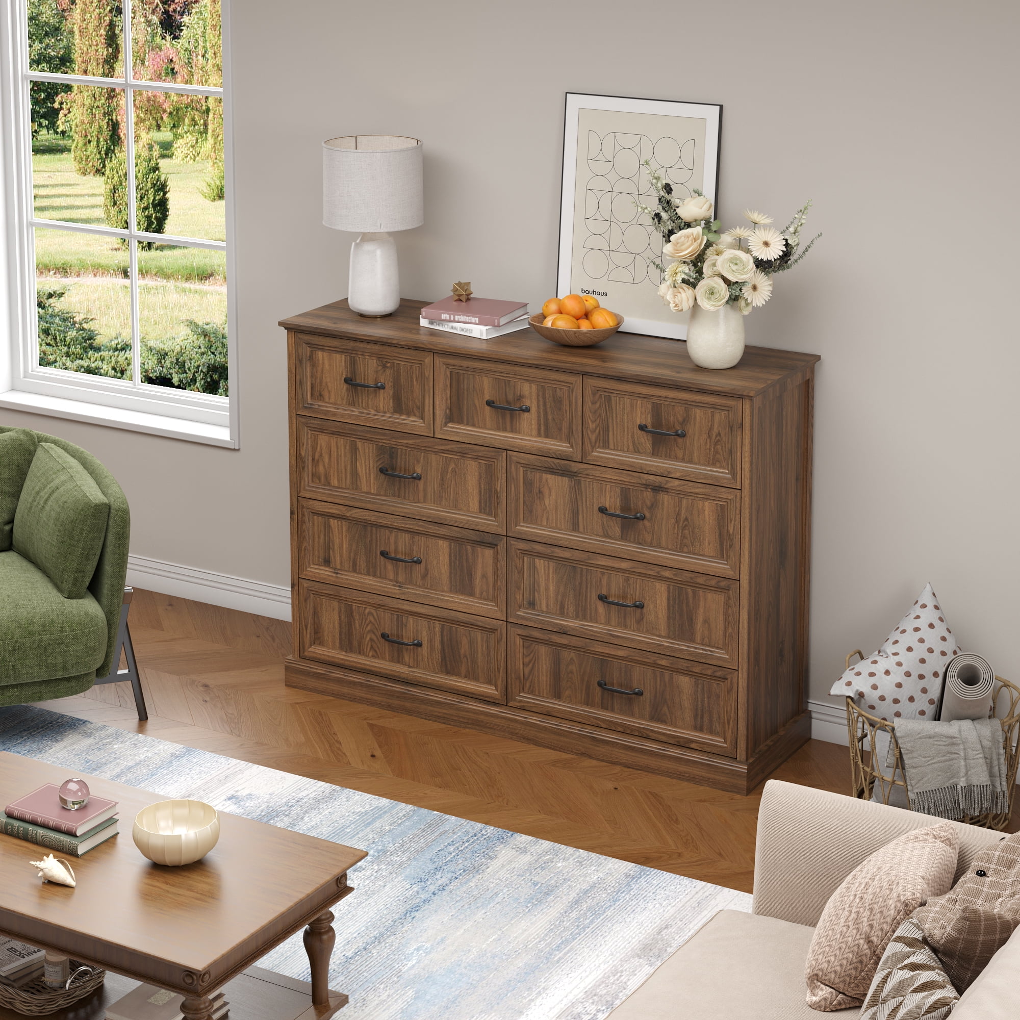 YouTrend Rustic 9-Drawer Wood Dresser, Large Storage Chest Organizer with Metal Handles for Bedroom, Living Room, Farmhouse Style Furniture,Brown
