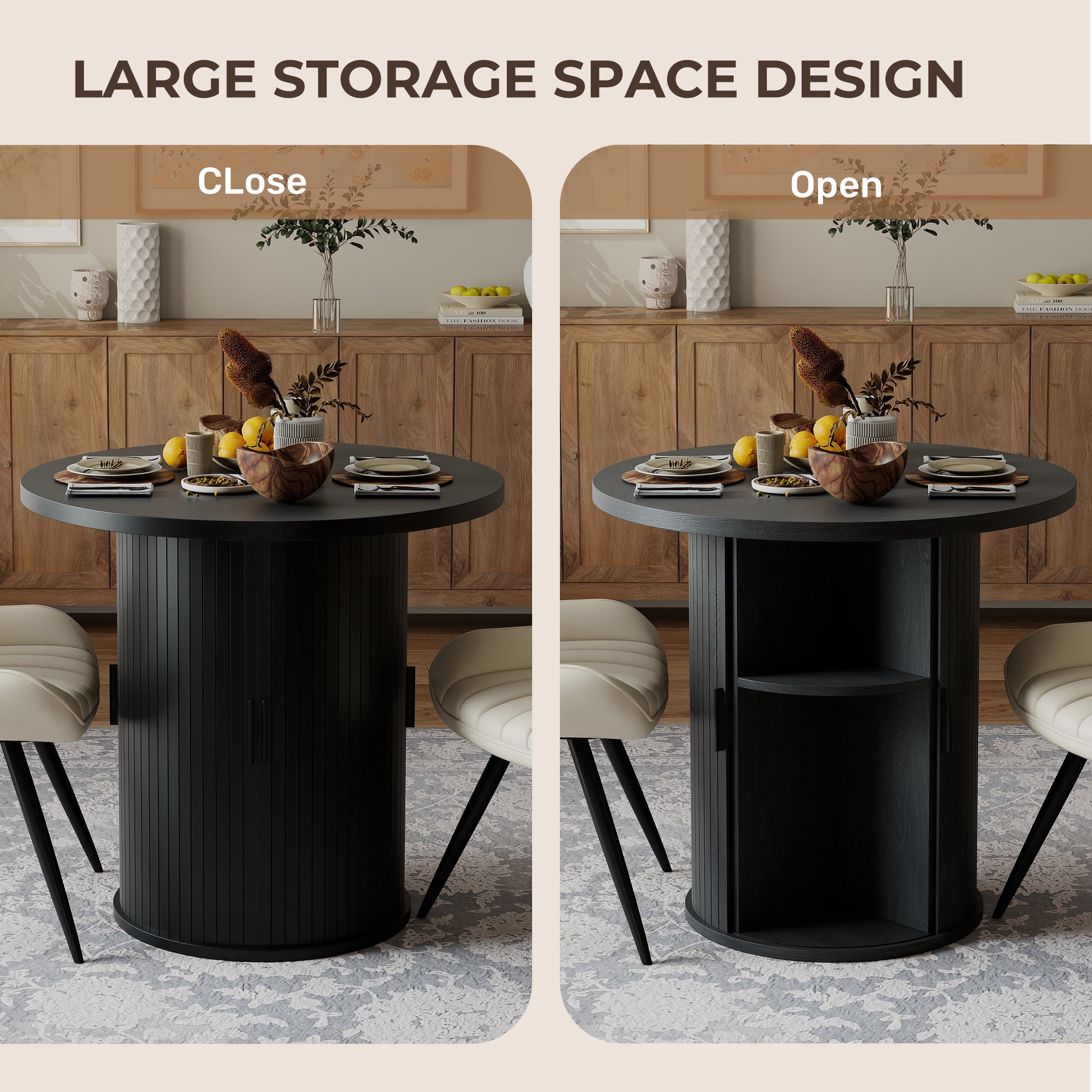 Hawsaiy 31.5" Round Dining Table for 2 with Sliding Door Storage Base, Space-Saving Waterproof Scratch-Resistant Wood Top, Modern Farmhouse Kitchen Table, Black