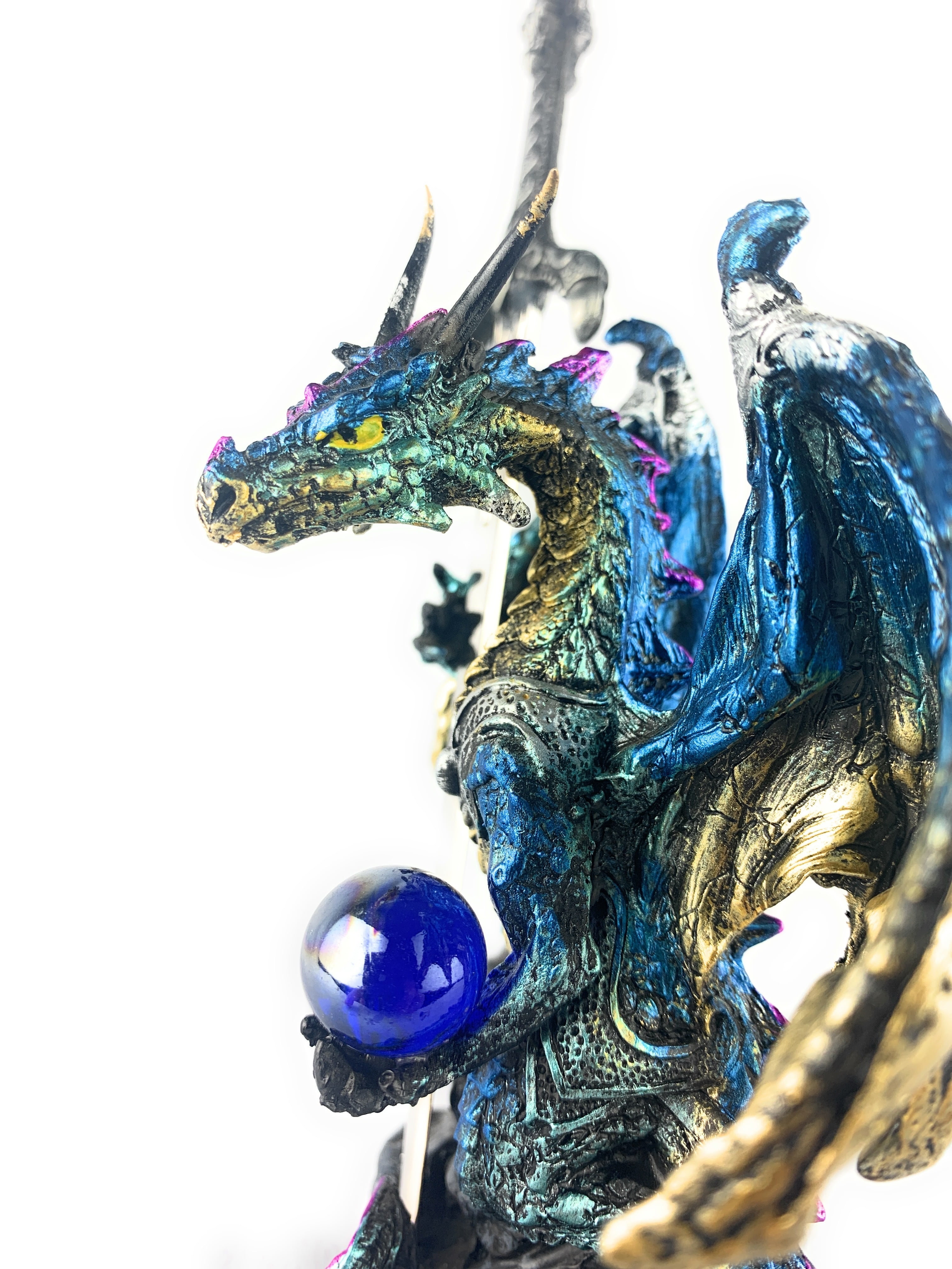 Ain’t It Nice Dragon Statue with Medieval Dragon Sword and Crystal Ball Collectible Dragon Figurine Fantasy Medieval Dragon Décor, Blue & Gold Colored 4(L) 2(W) 7(H) inches