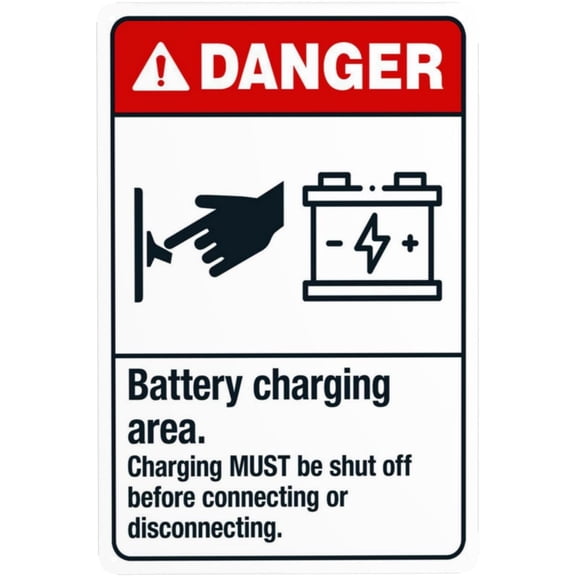 Battery Charging Area Warning Sign, Security Safety Metal Signs, Vintage Caution Poster Wall Decor for Business Office Home Street Road Use 8 x 12 Inch