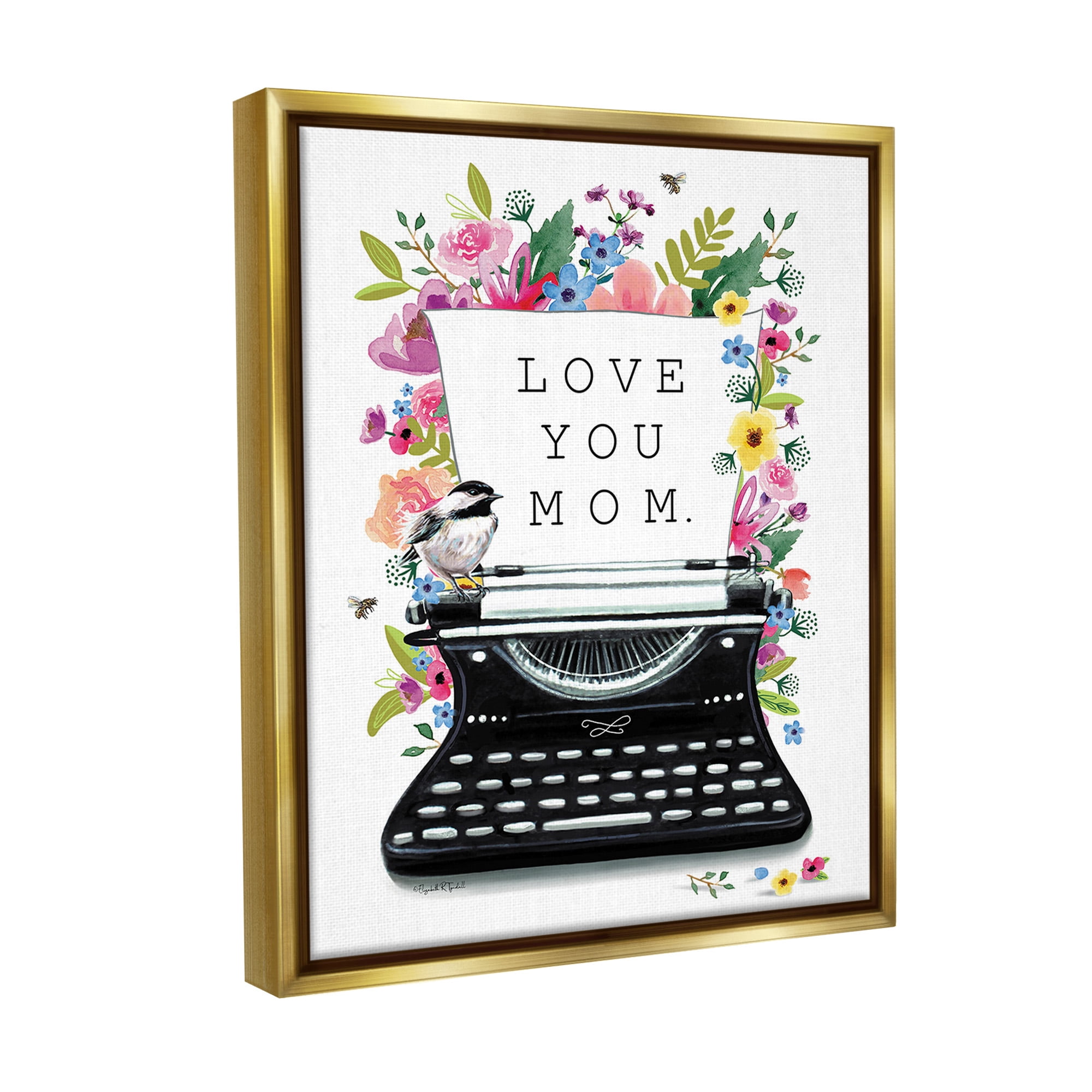 Stupell Industries Love You Mom Typewriter Botanical & Floral Painting Gold Floater Framed Canvas Art Print Wall Art, 17 x 21