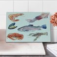 thumbnail image 2 of Sea Animals Cutting Board, Food Illustration Shrimp Mussel Fish Crab Watercolor Painting Effect, Decorative Tempered Glass Cutting and Serving Board, Small Size, Mustard Navy, by Ambesonne, 2 of 5