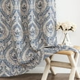 thumbnail image 3 of Curtainking Vintage Look Damask Printed Curtains for Bedroom Living Room Linen Textured Thermal Insulated Grommet Curtains, 50" x 84" 2 Panels, Blue on Greyish Beige, 3 of 13