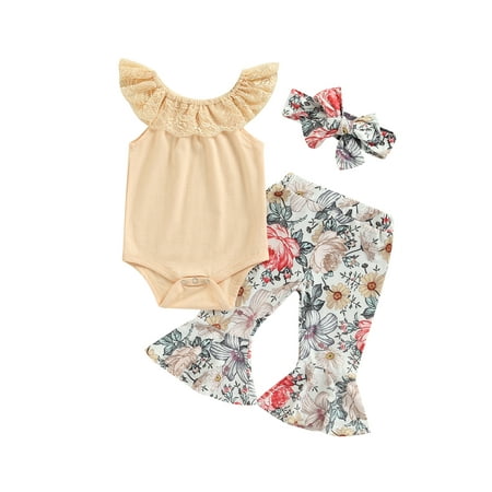 

Baby Girl Bell Bottom Outfits Set Sleeveless Flounce Romper + Floral Print Flared Pants + Headband 3 Piece Casual Outfits