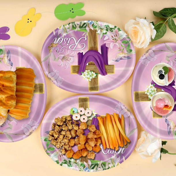 Decoraciones de Pascua, adornos de Pascua, regalos de Pascua, artículos para fiestas de Pascua, vajilla desechable, juego de bandejas de papel ovaladas gruesas para fiestas, 50 platos desechables
