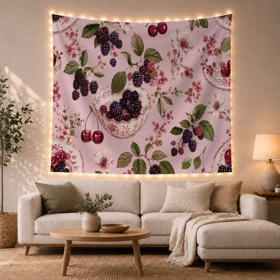Dark Berries in Ornate Bowl on Light Pink Background Nostalgic Cottagecore for Vintage Decor Enthusiasts Botanical Art Decor Print Birthday Gift Tapestry Wall Hanging for Bedroom and Living Room