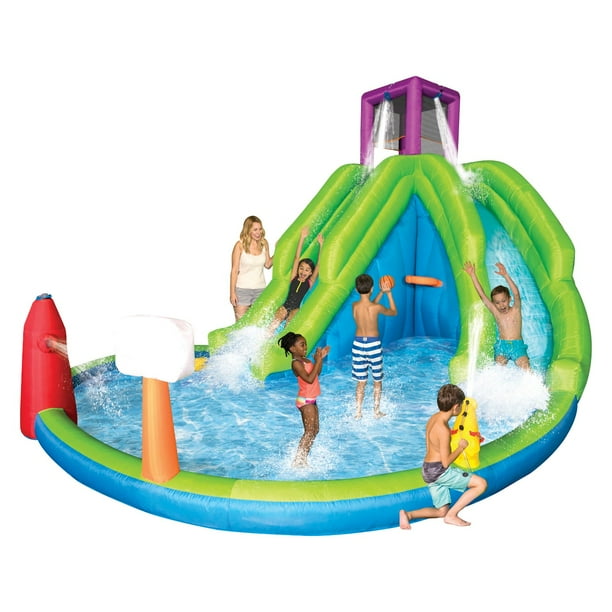 magic time adventure falls inflatable water park with 2 slides and basketball hoop