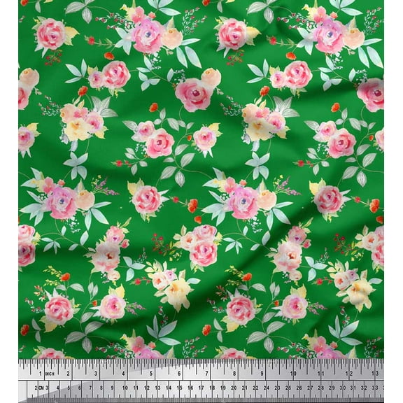 Soimoi Green Cotton Duck Fabric Leaves & Rose Floral Print Fabric by the Yard 42 Inch Wide
