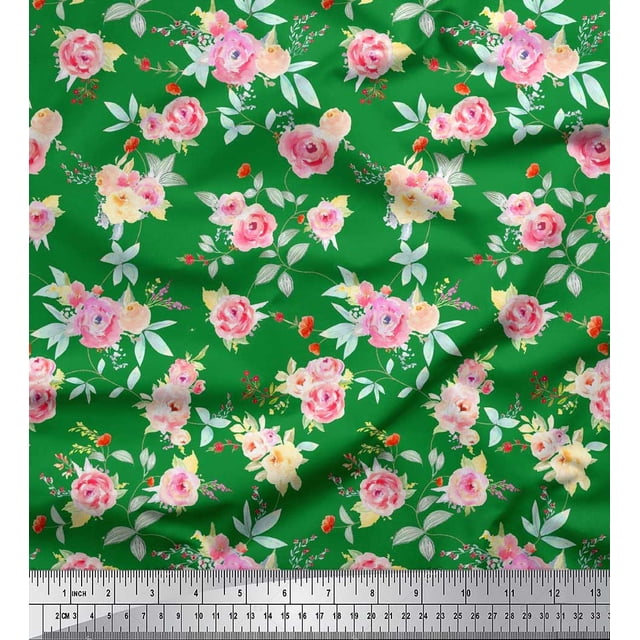 Soimoi Tissu Crêpe polyester Vert Imprimé Feuilles & Roses au Mètre 42 Pouces de Large