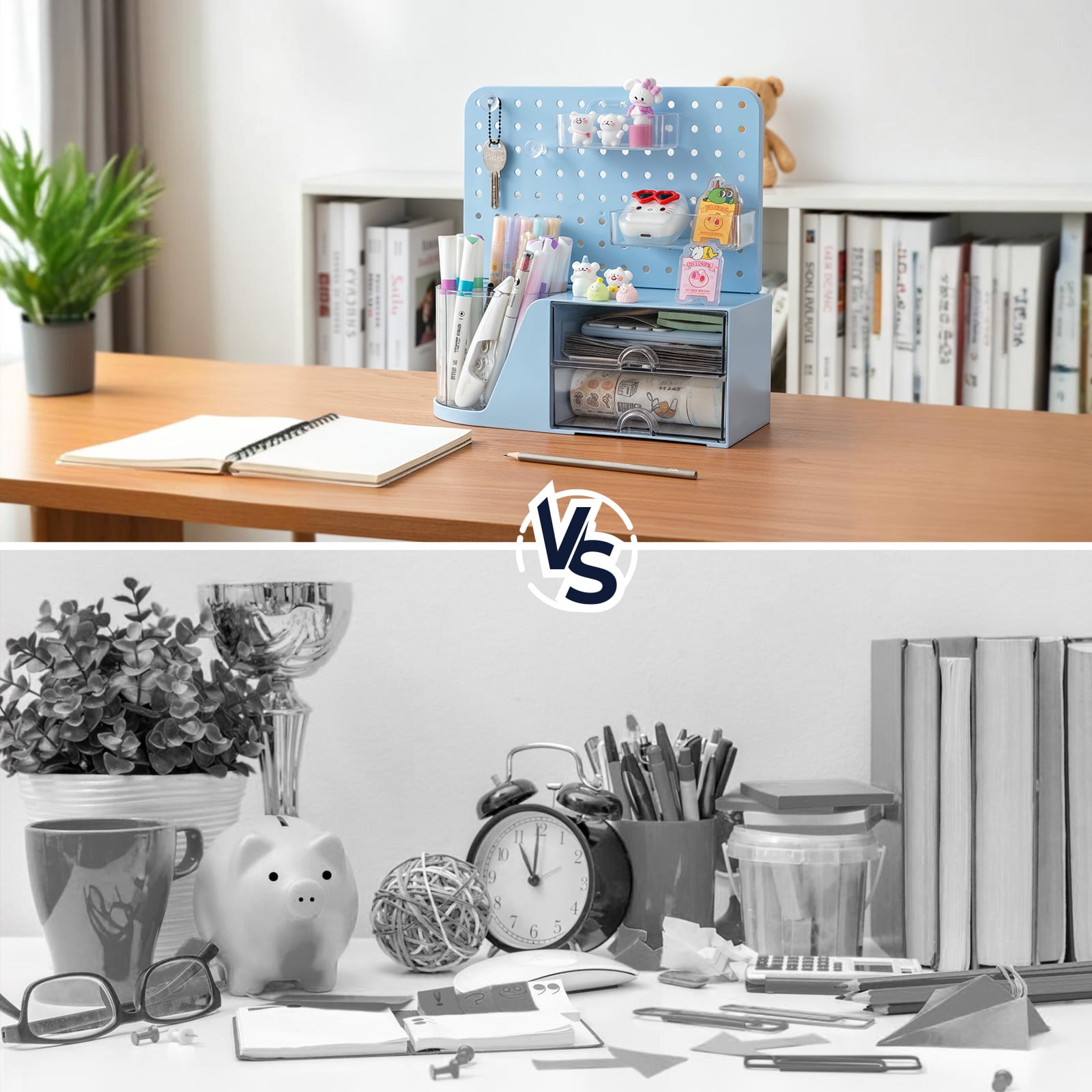 Vivin Desk Organizer, Small 2 Drawer Unit and Pen Holders, Multi-Purpose Pegboard organizer For Home Office, Blue