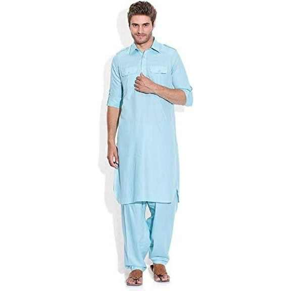 Royal Men's Cotton Blend Pathani Suit Set (Clothroyal14_Light Blue_42)