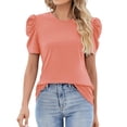 thumbnail image 2 of Women's Short Sleeve Summer Top Crewneck Pleated Puff Sleeve Blouse Ribbed Casual Shirts,Orange XL, 2 of 6