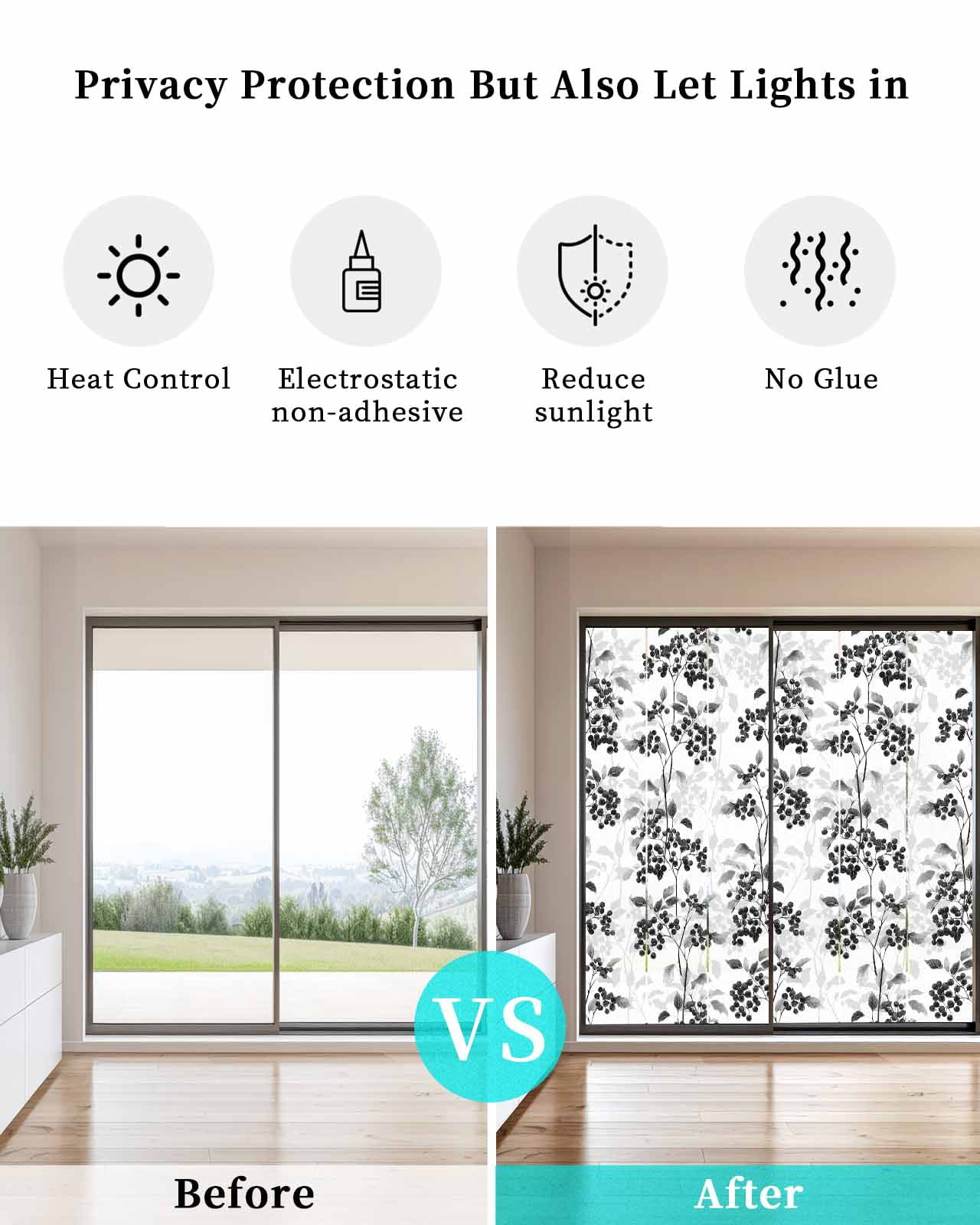 Window Privacy Film Black Gray Botanical Stained Glass Window Film Decorative Sun Block Window Cover Vintage Nature Flower Window Clings Static Adhesive Sticker for Bathroom 17.7"x39.3"
