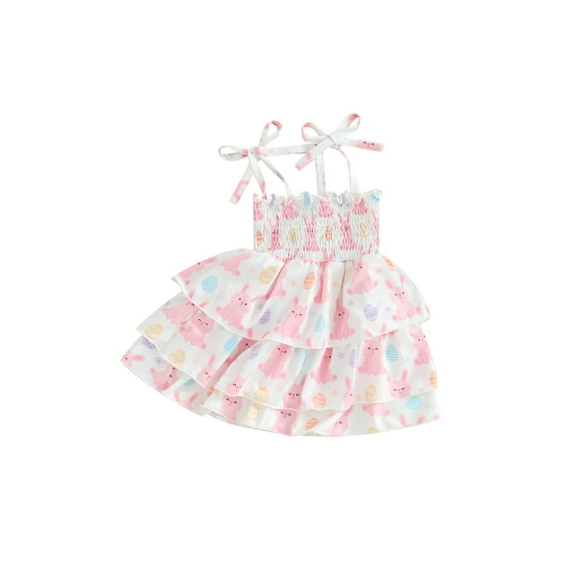 EYIIYE Robe de Pâques pour Tout-Petites Filles 6M 9M 1T 2T 3T Enfants Rabbit Imprimé Robe de Princesse à Bretelles Spaghetti à Nouer Robe Sans Manches Robe Superposée Froncée Robe pour Bébé Robe d'Été Décontractée pour Nourrisson Robe de Fête