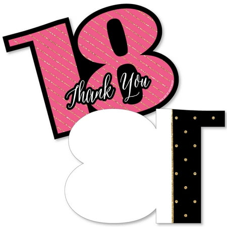 Chic 18th Birthday - Pink, Black and Gold - Shaped Thank You Cards - Birthday Party Thank You Note Cards with Envelopes - Set of