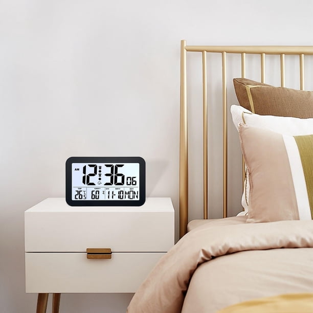 Reloj Despertador Digital con Pantalla Grande Reloj de Escritorio Moderno Función de Temperatura Y Humedad Fecha Y Luz Nocturna Automática Material Pp H180 negro