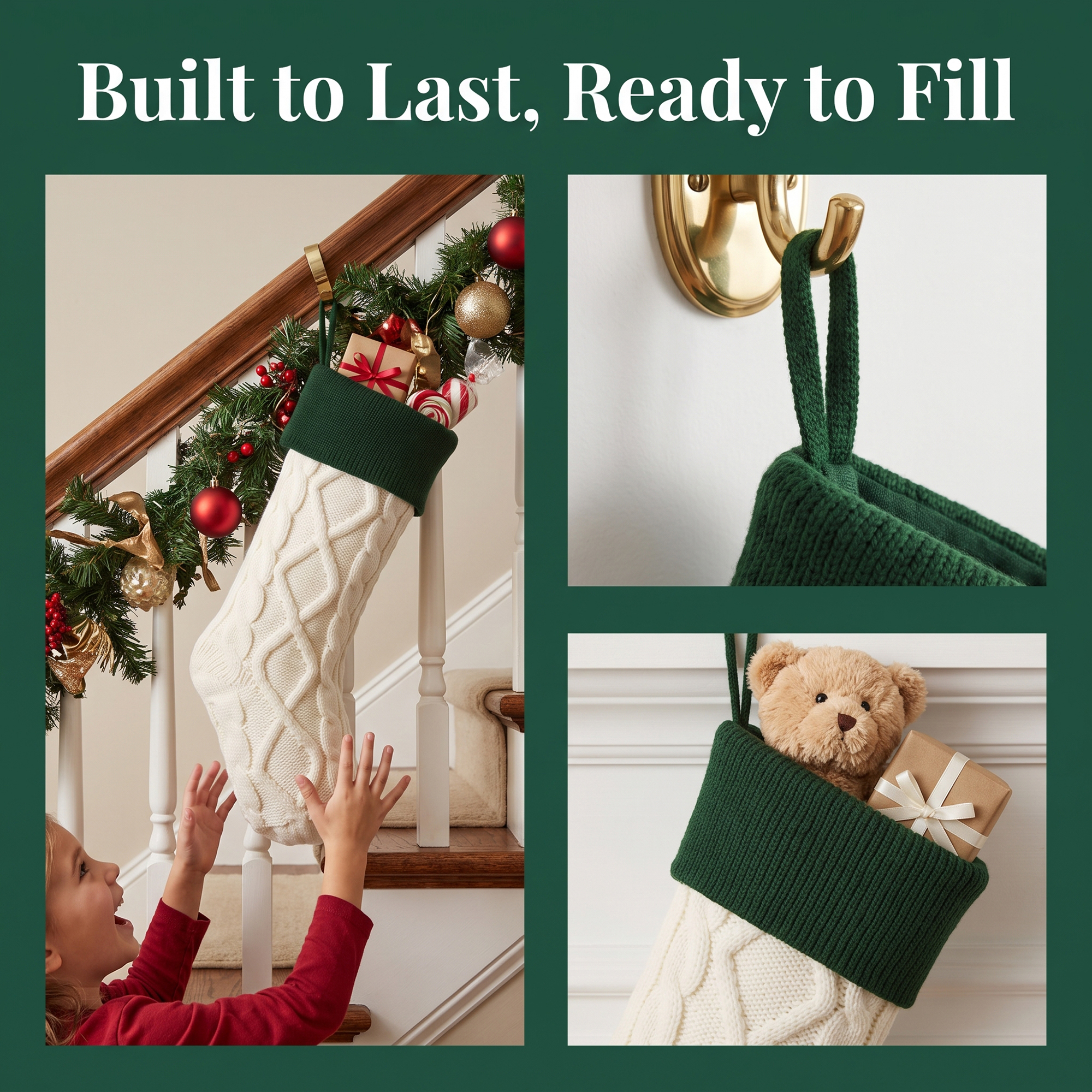 Unique Bargains Luxurious Cable-Knit Christmas Stocking White Green 18"