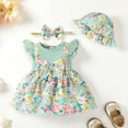 thumbnail image 2 of Kucnuzki Newborn Baby Girl Clothes 0 Months Spring Summer Dress 3 Months Fly Sleeve Fake-Camisole Stitching Floral Prints Dress Hat&Headband 4PCS Set Green 0-3 Months, 2 of 8