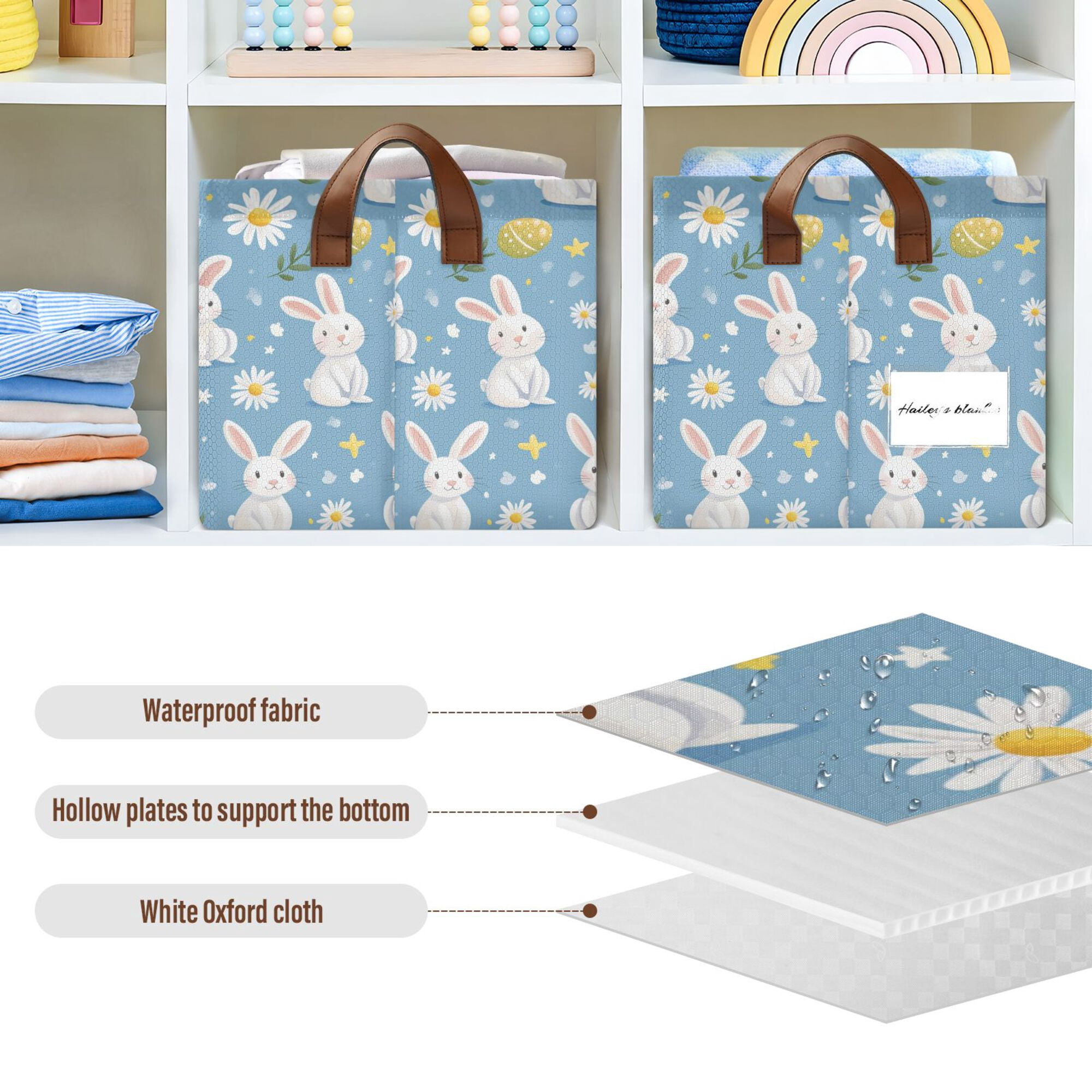 Yayeee Foldable Storage Basket for Shelves Waterproof Cloth Bins with Handles, Cartoon Easter Bunnies