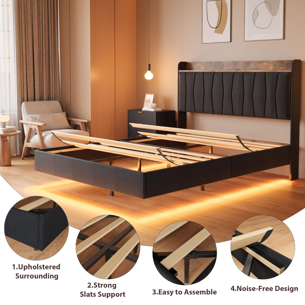 Eastvita Full/Queen/King Size Bed Frame, Floating Platform Bed with Headboard, LED Lights, Charging Ports, Modern Upholstered Bed Frame with Sturdy Wood Slats, No Box Spring Needed, Easy Assembly