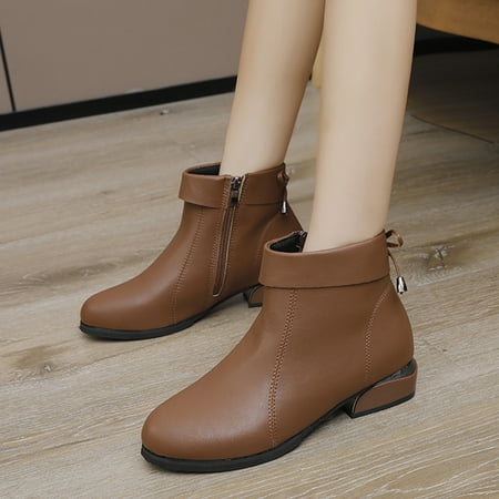 

Cathalem Boots for Women with Heel High Fashion Women Artificial Leather Solid Color Autumn Thick Sole Boots Women Flat Heel Brown 7