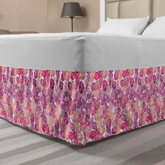 Floral Bed Skirt, Botanical Theme Colorful Flowers Ornaments Along Watercolor Inspired Painting, Elastic Bedskirt Dust Ruffle Wrap Around for Bedding Decor, 4 Sizes, Pink and Fuchsia, by Ambesonne