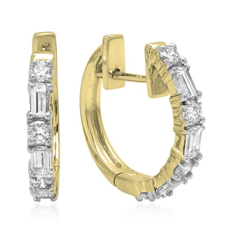Dazzlingrock Collection 0.45 Carat (ctw) 14K Round & Baguette White Diamond Ladies Huggies Hoop Earrings 1/2 CT, Yellow Gold