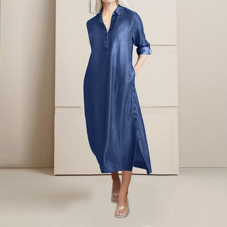 Mrat Plus Size Denim Dress, Womens Short Sleeve Flowy Denim Maxi Dresses, Button V Neck Loose Fitting Side Split Dress, New Summer Beach Vacation Mrat Plus Size Denim Dress, Womens Short Sleeve Flowy Denim Maxi Dresses, Button V Neck Loose Fitting Side Split Dress, New Summer Beach Vacation
